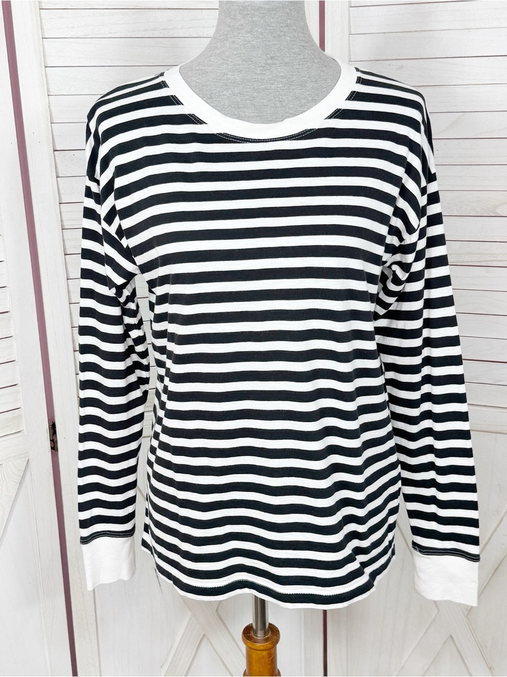 J Crew Striped Long Sleeve Tee Shirt Black White Small Preppy Nautical Cotton